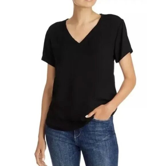 CLOTH & STONE Womens Basic Black V-Neck High Low Short Sleeve T-Shirt Size Small - Picture 1 of 7
